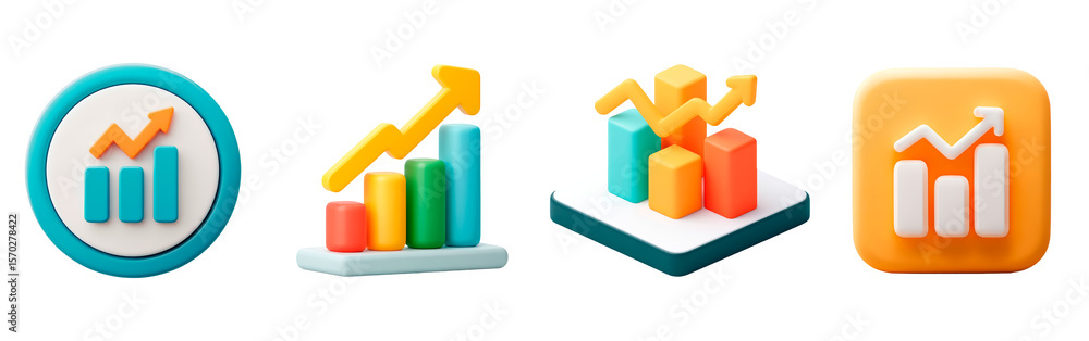 Poster colorful 3d graphs and icons for data visualization and analytics on transparent background, png
