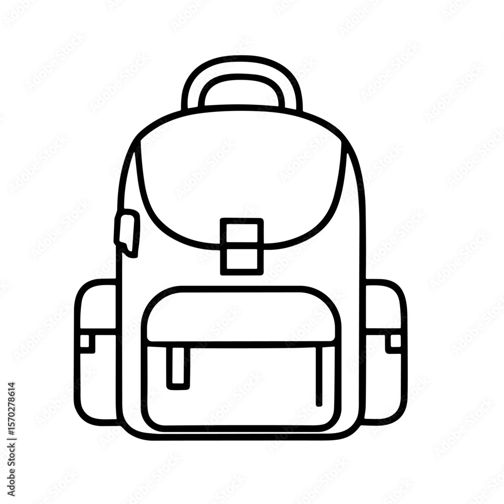 Poster simple line drawing of a classic backpack with multiple pockets.