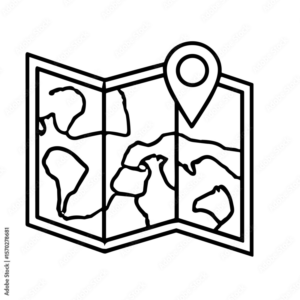 Poster an illustration of a folded map with continents and a location pin marker, depicted in a simple outl