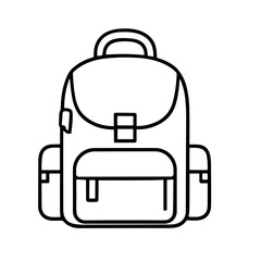 Simple line drawing of a classic backpack with multiple pockets.
