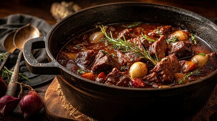 Hearty beef stew simmering in a rustic pot with fresh herbs