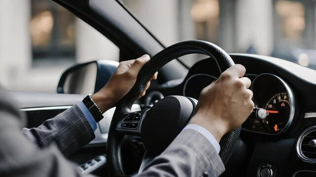 Man in suit driving car holding steering wheel in modern vehicle