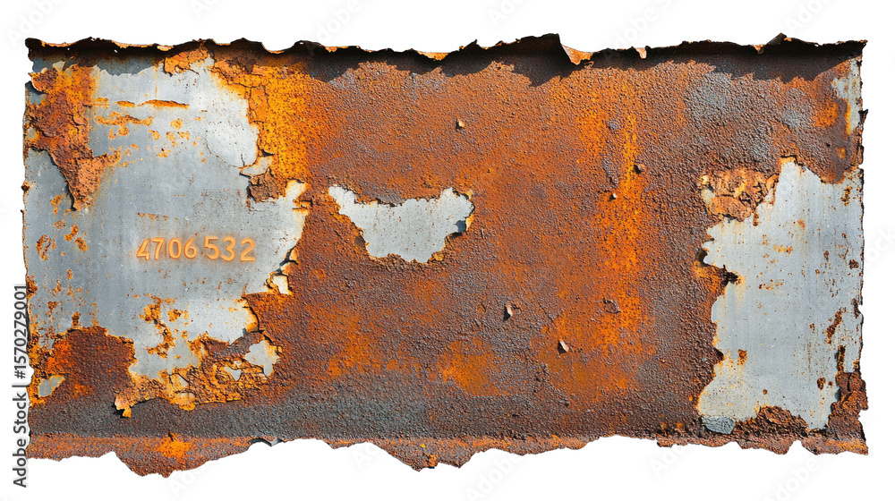 Poster a rusty metal plate with chipped paint showing the texture of rust and wear the plate has a number '