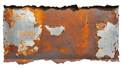 A Rusty Metal Plate With Chipped Paint Showing The Texture Of Rust And Wear The Plate Has A Number '4706532' Printed On It The Edges Of The Plate Are Torn And Ragged Giving A Distressed Look