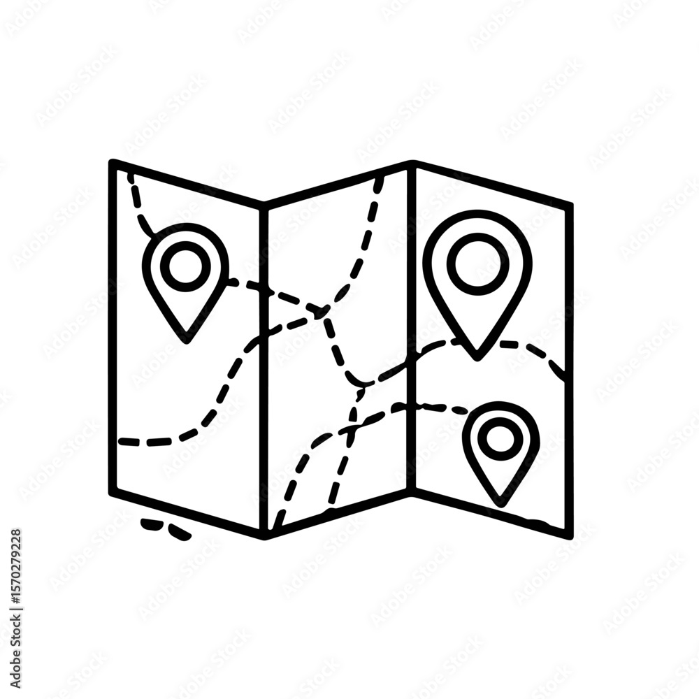 Poster a line drawing of a folded map with three location pins marking routes.