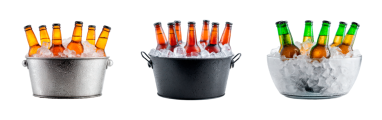 Refreshing beverage concept with ice cold beer bottles in metal and glass buckets on transparent background, PNG	