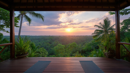 Yoga mats on wooden terrace overlooking lush tropical jungle during sunrise at luxury villa retreat perfect for morning meditation.