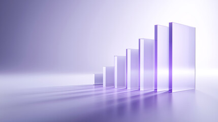 Transparent purple glass bars arranged in ascending order, casting long shadows on a smooth surface. Ideal for business growth, data visualization, and modern design concepts.