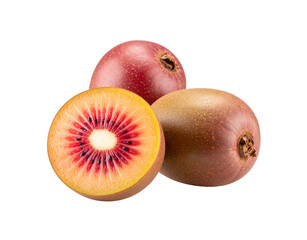 Three Red Kiwi Fruits One Cut in Half Showing Red Flesh.