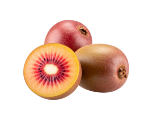 Three Red Kiwi Fruits One Cut in Half Showing Red Flesh.
