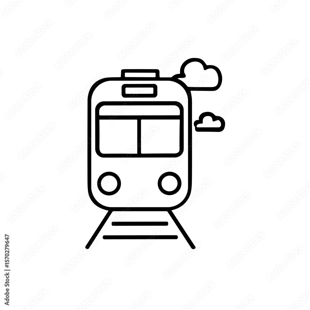 Poster a minimalist line drawing of a train on tracks with two small clouds behind it.