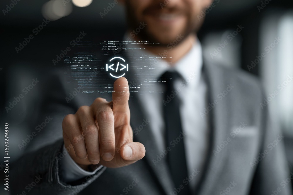 Poster businessman interacting with a holographic coding interface