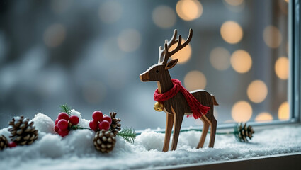 Wooden Reindeer Christmas Decoration with Red Scarf and Snow Festive Bokeh Background.