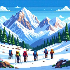 Hikers ascending snowy mountain