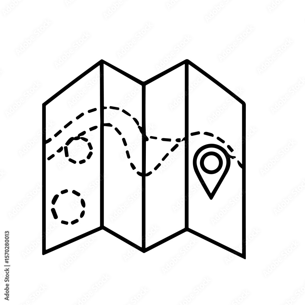 Poster simple black and white illustration of a folded map with route lines and a location marker.