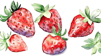 Watercolor Painting Of Five Ripe Red Strawberries With Green Leaves Isolated On Transparent Background