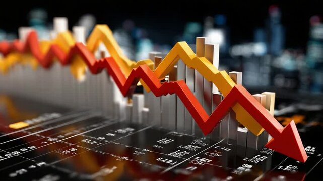 Market Downturn Visualized: A dramatic visual representation of economic decline, with descending arrows superimposed over financial data charts.