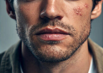 Obraz premium A man with herpes causing skin problems. Close-up of mouth. Rough skin. Acne. Sexually transmitted diseases.