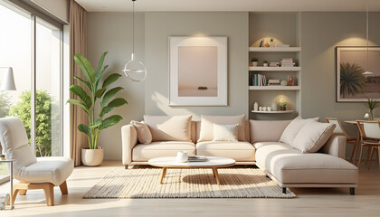 Minimalist living room with a neutral palette and empty frame. Represents home decor, interior design, or contemporary living. Clean and elegant.

