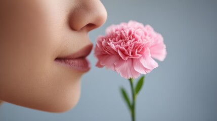 Fototapeta premium Artistic Shot of Woman Resting with Flower on Her Lips
