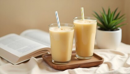 Refreshing Smoothie Drinks with Straws on a Wooden Tray by Open Book