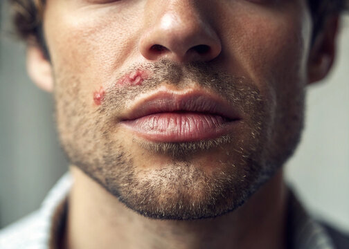 A man with herpes causing skin problems. Close-up of mouth. Rough skin. Acne. Sexually transmitted diseases.