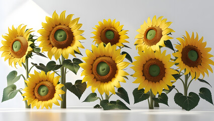  A collection of seven vibrant sunflowers, each with bright yellow petals and detailed brown 