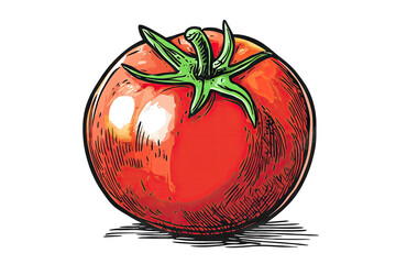 A Hand-drawn Illustration Of A Single Ripe Tomato With A Green Stem And Leaves Isolated On A Transparent Background