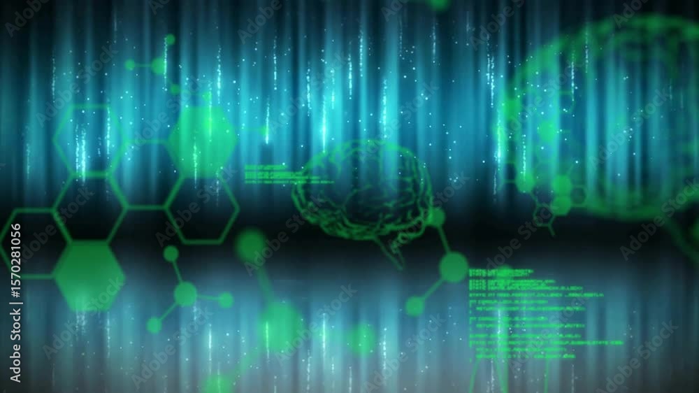 Poster opening pulsing data bars code and hex merging into brain, text scrolling showing biotech interface