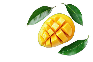 A Half Mango Cut Into Squares Surrounded By Four Green Leaves Against A Transparent Background