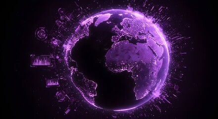Digital Illustration of a Glowing Globe with Interconnected Nodes, Representing Global Communication and Networking, Centred on a Dark Background with Neon Colours