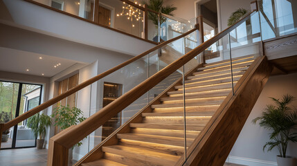 Modern Staircase in a Contemporary Residence: The inviting wooden staircase with glass panels leads to a well-lit second story, surrounded by plants and elegant interior design. It is a spacious area.