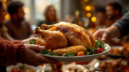 Thanksgiving dinner: Golden Roasted Turkey with Aromatic Herbs and Vegetables
