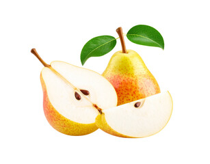 Fresh Yellow Pears Whole Half and Slice with Green Leaves.