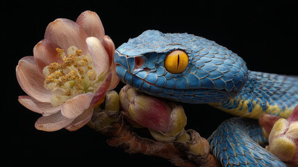Vibrant blue snake with striking yellow eyes rests delicate flower, showcasing beautiful contrast against dark background. scene evokes sense