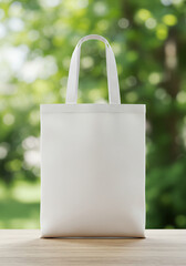Blank white tote bag on wooden surface with blurred green background