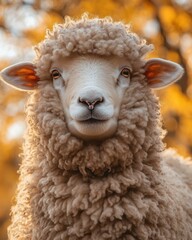 Close-Up Portrait of Fluffy Sheep with Curly Wool in Warm Autumn Light.
