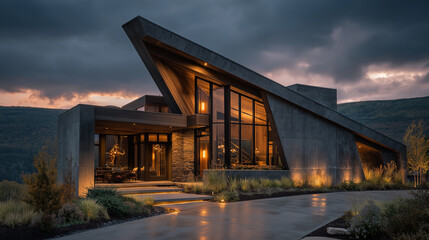 Fototapeta premium Modern Concrete House at Dusk: A striking modern house with a dramatic angular design, clad in dark concrete, is beautifully illuminated at dusk.