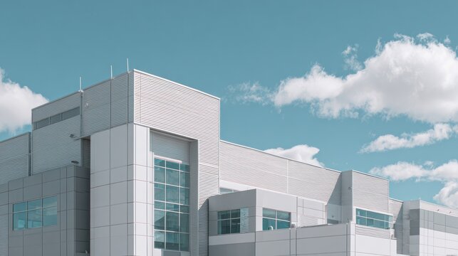 Modern white building under a blue sky with fluffy white clouds, angular architecture
