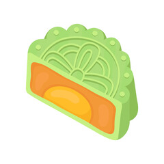 Half of traditional Asian mooncake for the Mid-Autumn Festival. Sweet green matcha mooncake with yellow egg filling. Illustration isolated on white background.