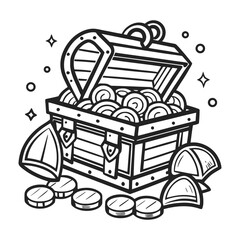 Black and white outline illustration of an open treasure chest overflowing with coins and gems, with sparkle accents, ideal for coloring or icon use