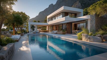 Architectural Paradise: A modern architectural marvel with a pristine swimming pool, blending seamlessly with the natural beauty of the surrounding mountains and lush vegetation.