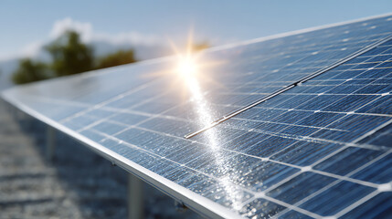 A close-up view of solar panels reflecting sunlight, symbolizing renewable energy and sustainability in modern technology.
