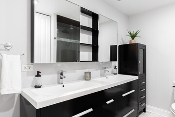 A bathroom with a black cabinet, white sink with chrome faucets, and a view towards the dark tiled shower through the mirror.