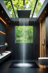 AI Generative. Modern Dark Shower with Overhead and Handheld Fixtures and Nature View. 7