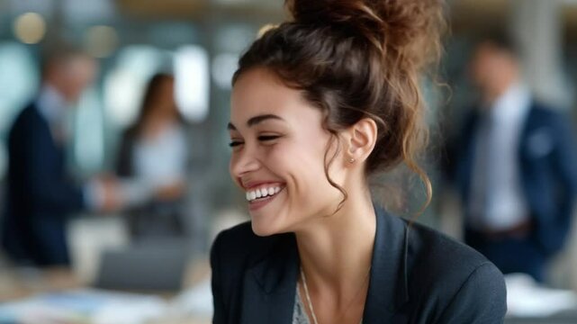 Joyful Moment in Corporate Environment: A young, smiling woman radiates confidence and contentment within a professional office environment.