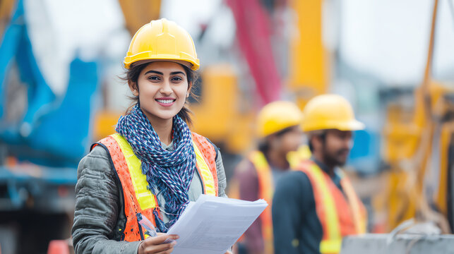 A confident female worker in a hard hat smiles while holding a blueprint on a busy construction site with colleagues.