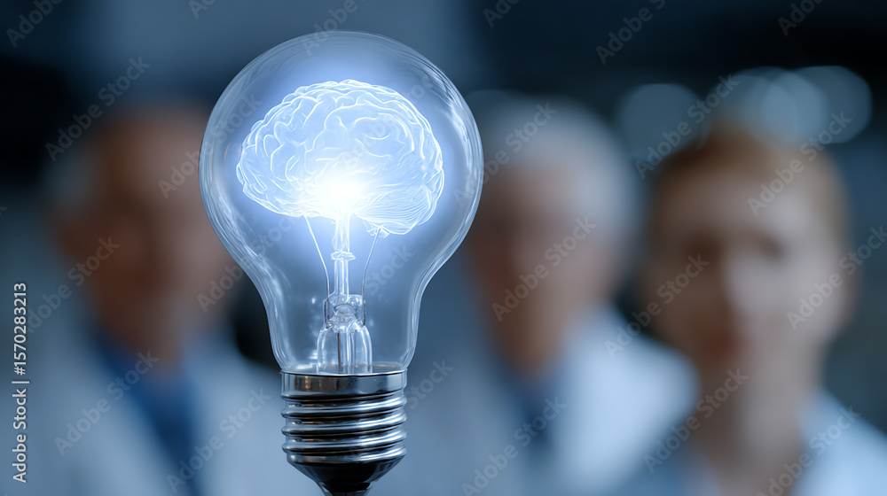 Poster a creatively designed light bulb contains a glowing brain, representing innovation and the fusion of
