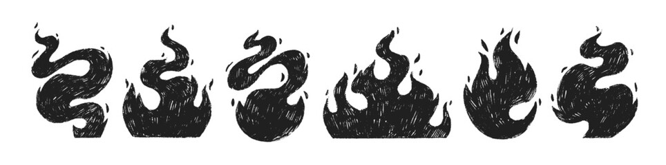 Crayon drawn black fire flames icons collection. Hand drawn funky doodle flame stickers or tattoo. Punk and rock style symbols. Vector scribble illustration. Naive bonfire sketch, energy symbols.