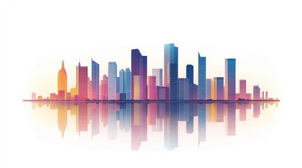 Obraz premium Colorful City Skyline Reflection; urban landscape, vibrant; illustration